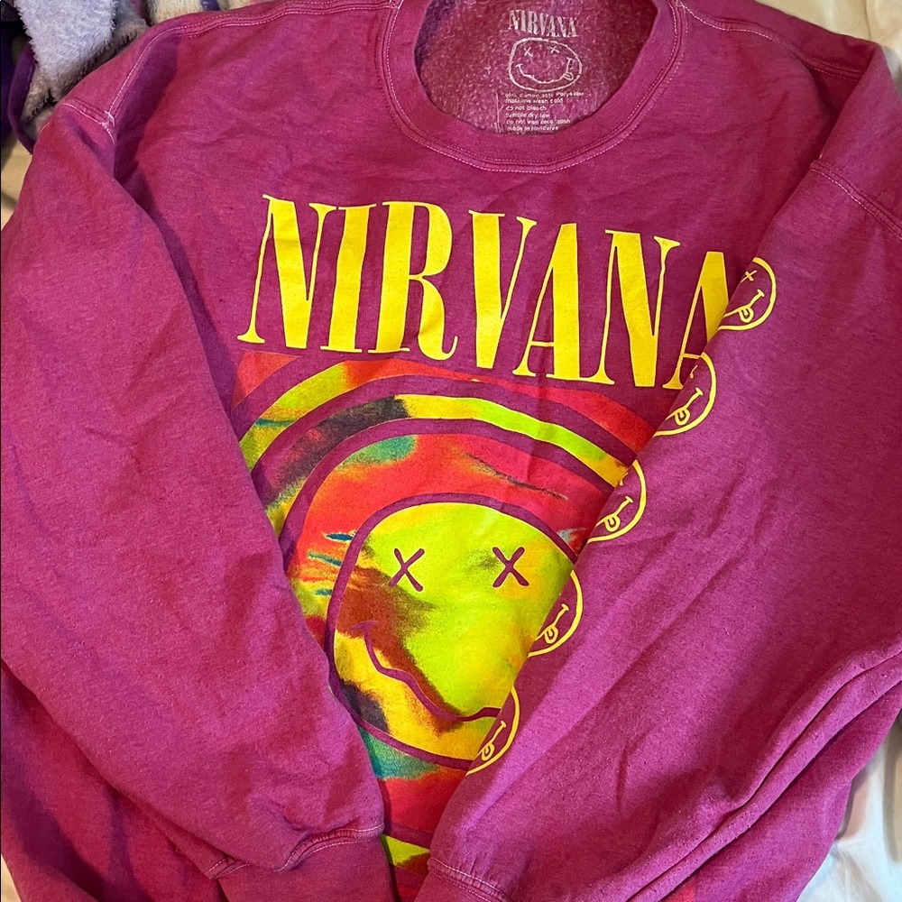 NIRVANA Magenta Crewneck with Yellow & Multicolor Smiley Graphic